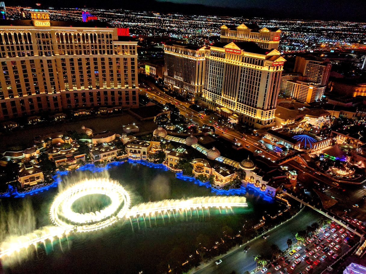Aerial view of Bellagio fountains dancing on the Las Vegas Strip