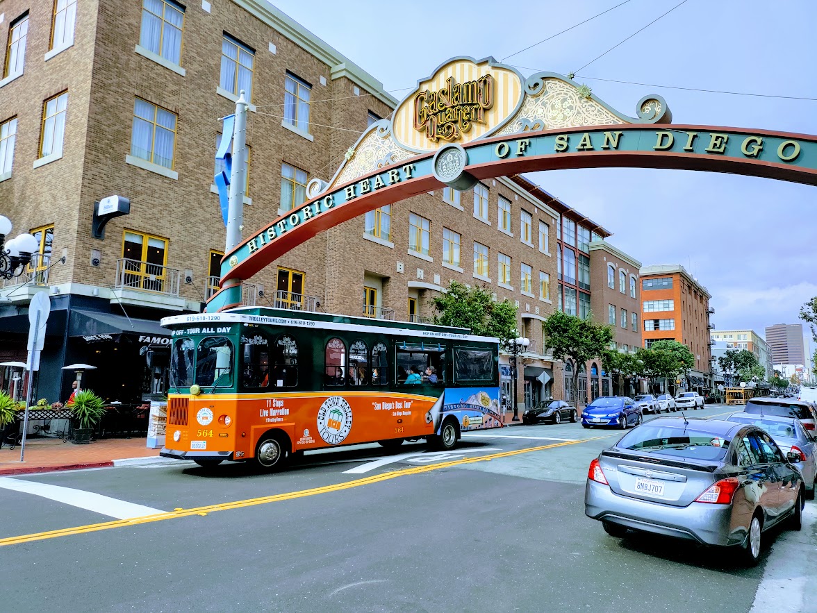 Historic Gaslamp Quarter wrought iron street gateway in downtown San Diego