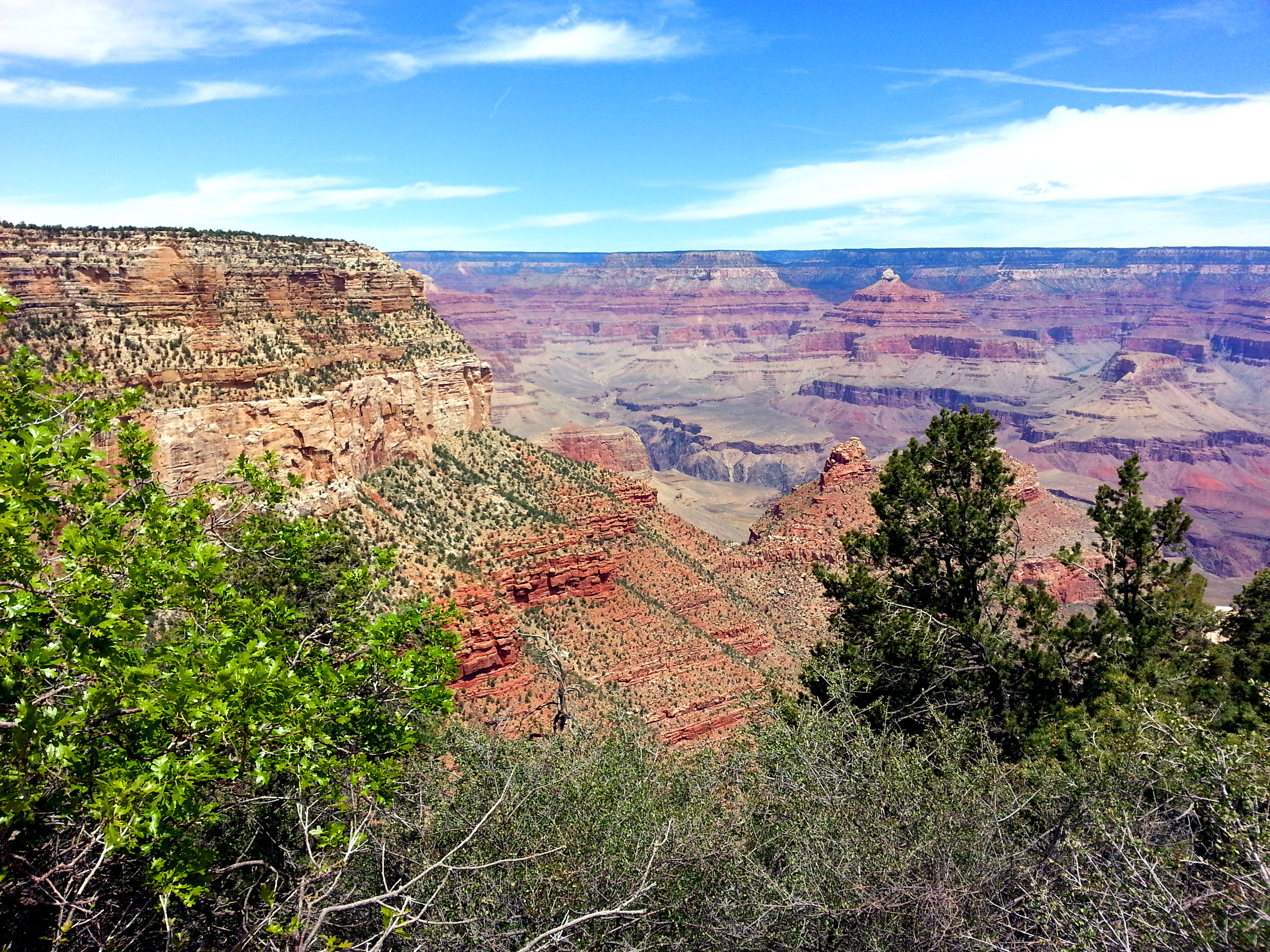 Panoramic vista of layered rock formations and canyon depths at the Grand Canyon