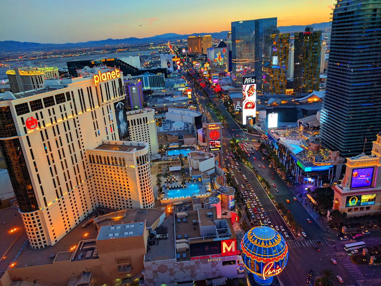 Las Vegas Boulevard Strip illuminated skyline and resort towers