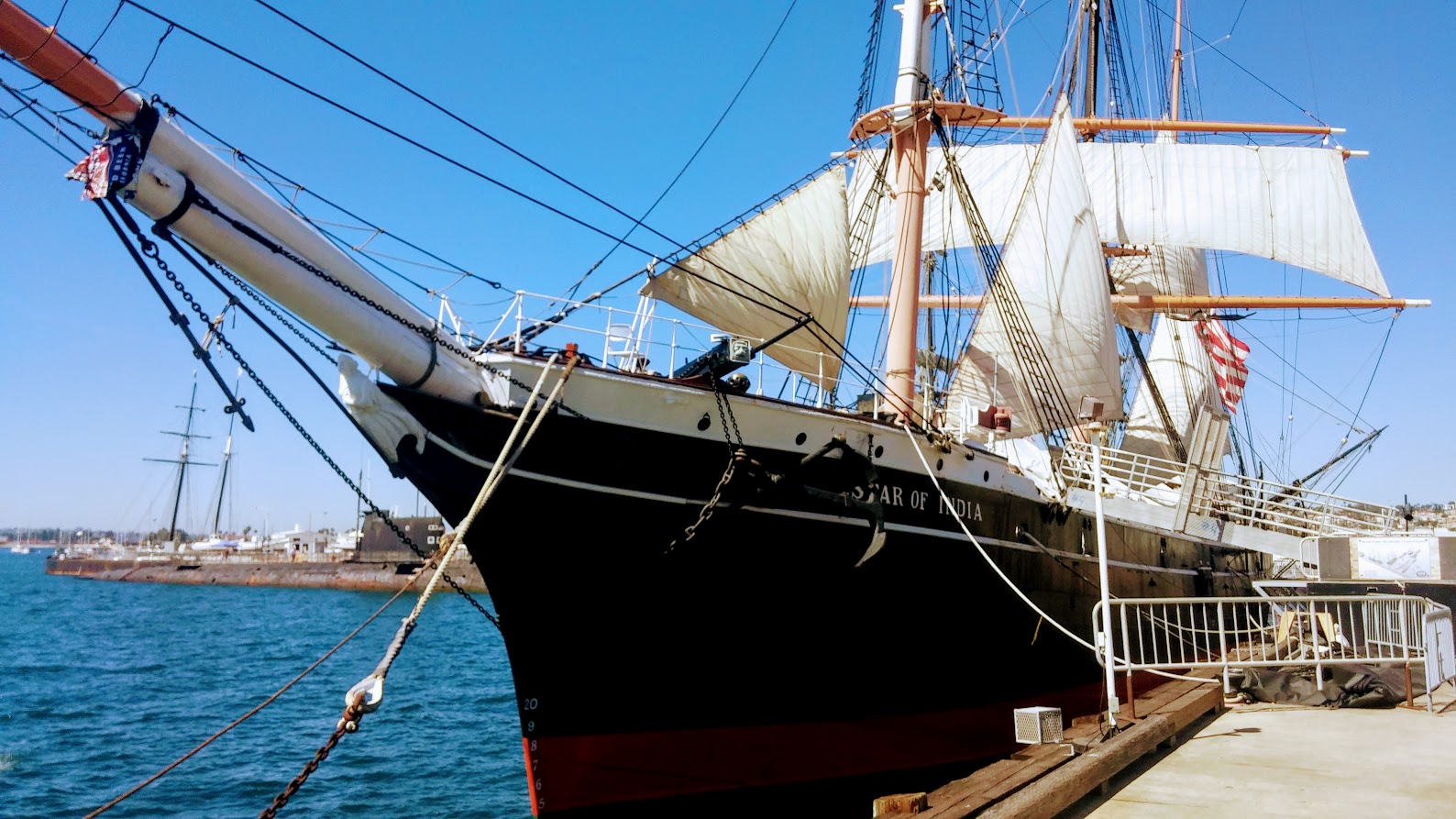 Historic tall ship docked along the San Diego harbor waterfront