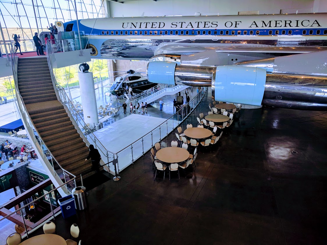 Air Force One Boeing 707 nose and presidential seal inside the glass pavilion