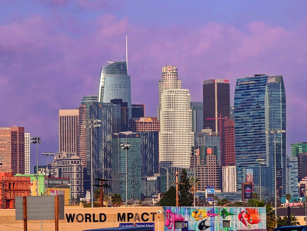Downtown Los Angeles skyline framing the central metropolitan sports corridor