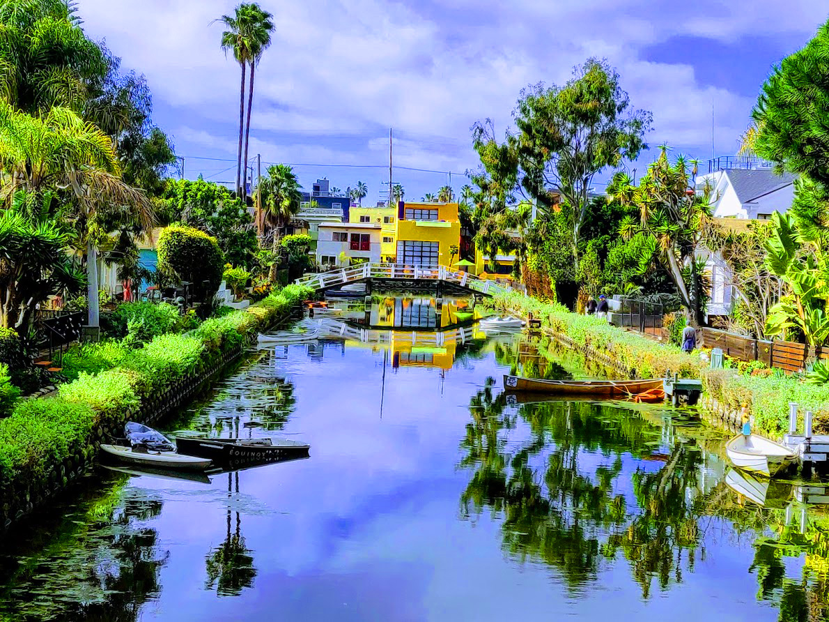 Historic Venice Canals walking path and arched pedestrian bridge