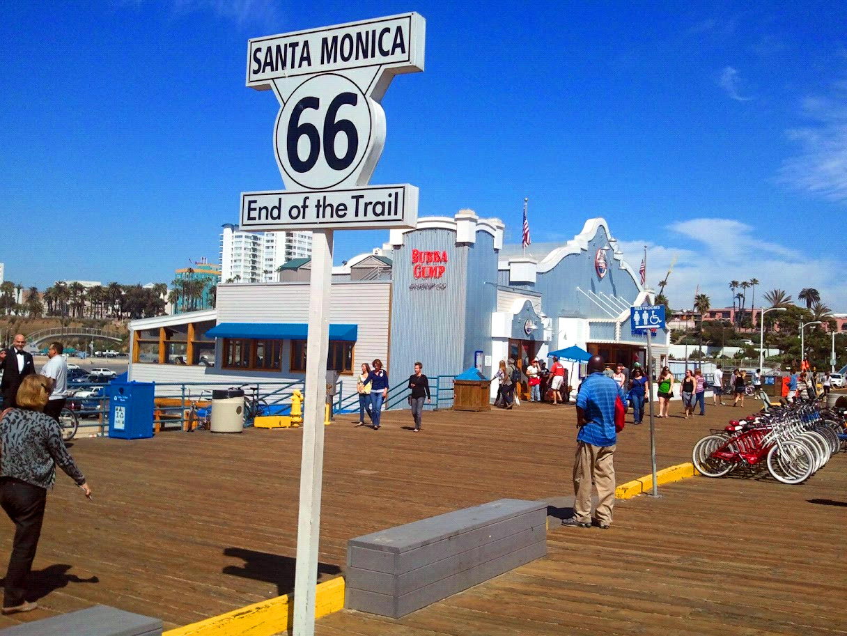 Route 66 End of the Trail sign on Santa Monica Pier
