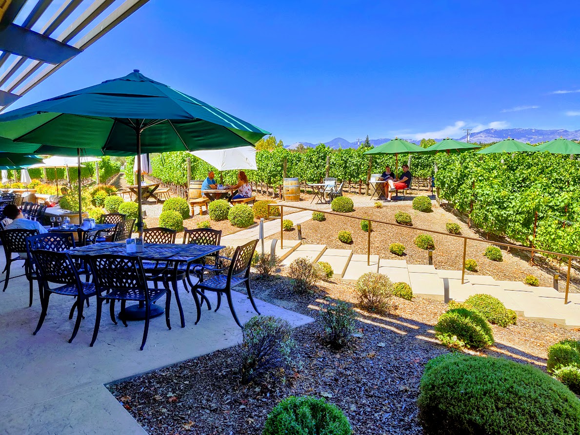Outdoor wine tasting terrace at a Santa Ynez Valley vineyard